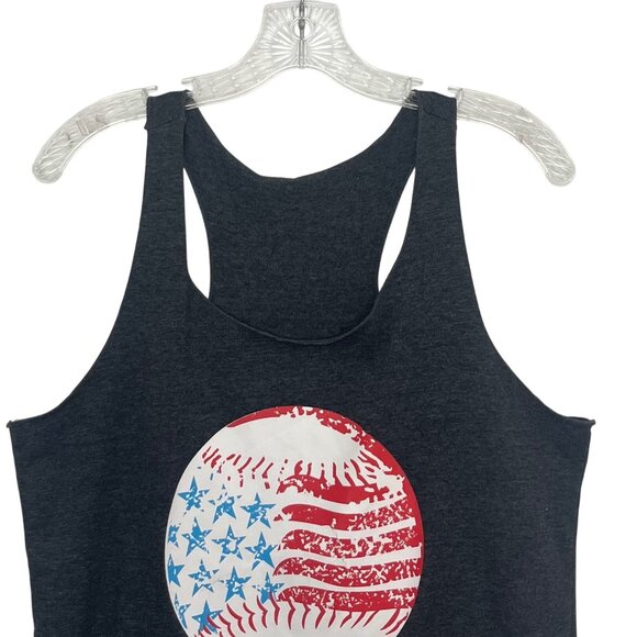 Patriotic Baseball Graphic Tank Top Womens Medium Gray Racerback Flag - Picture 3 of 7